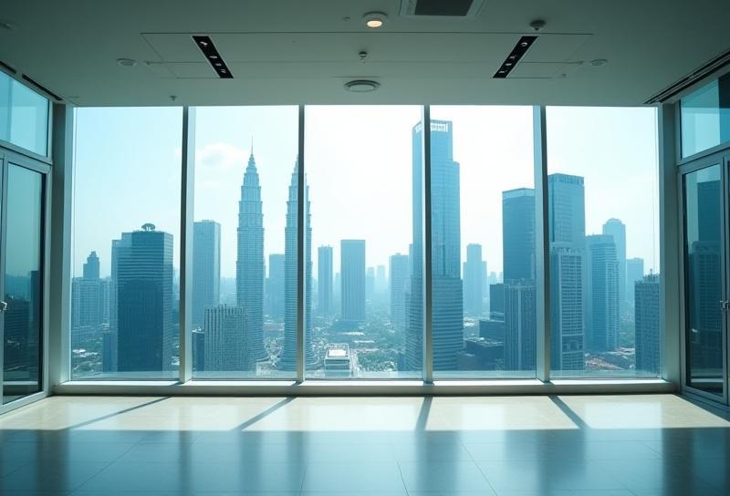 Modern office with Kuala Lumpur skyline view, representing Digital Reach MY's base