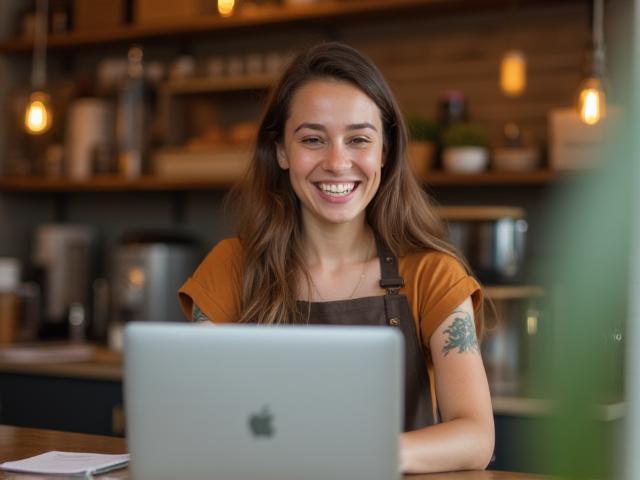 Small business owner looking happy at laptop